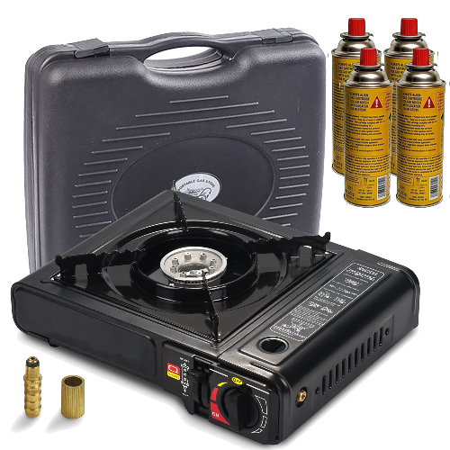 Portable Camping Gas Stove Single Burner w/Case + 4 Butane Can